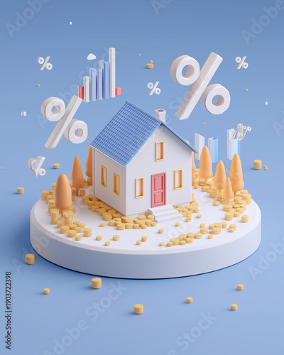 Mortgage rate comparison concept, modern home model surrounded by floating percentage symbols and charts