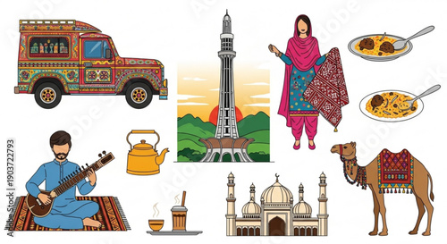 Vibrant pakistani culture collage with traditional food landmarks and camel