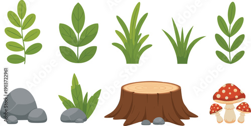 Forest Nature Elements Vector Set with Green Plants, Leaves, Grass, Tree Stump, Stones, and Mushroom Illustrations for Games and Outdoor Designs