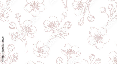 Seamless cherry blossom floral vector clipart pattern in pastel pink line art style