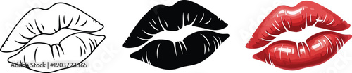 Collection of kiss mark icons in outline black and red glossy styles representing love and romance for graphic design