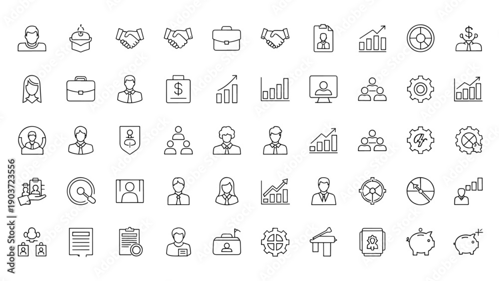Fototapeta premium Collection of Diverse Business Management and Human Resources Outline Symbols for Web and Mobile Applications