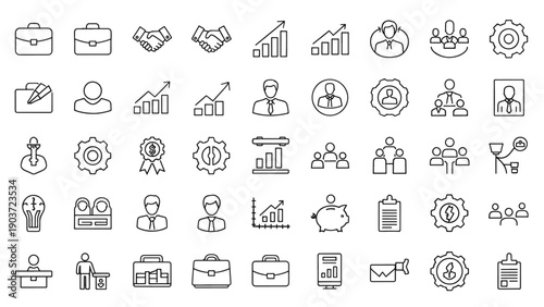 Modern outline icon set capturing core business management, professional development, and financial success concepts