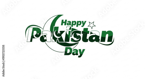 Happy pakistan day green text logo with crescent moon and star on white background