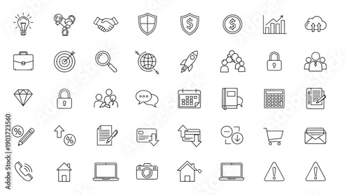 Modern Business and Finance Line Icons for Various Applications Including Strategy Security Communication and Data Management