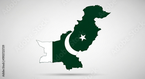 Pakistan map with national flag colors and crescent star symbol on white background