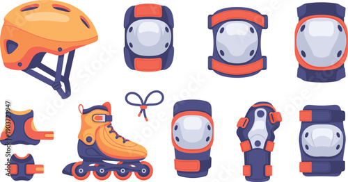 Kids Inline Skating Safety Gear Vector Set with Helmet, Knee Pads, Elbow Guards, Wrist Protection, and Roller Skates for Active Sports Designs.