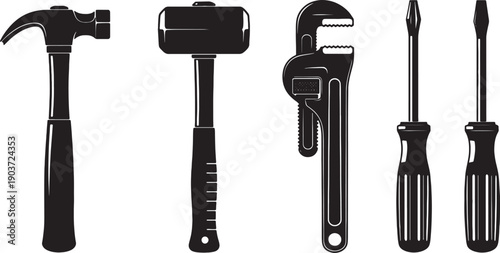 Hand Tools Silhouette Icons Set for Construction and Repair Vector Illustration