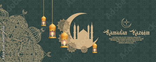 This Ramadan Mubarak poster features a 3D paper-cut design depicting an Islamic mosque, flowers, and a crescent moon. The rich green color creates an elegant and festive atmosphere.