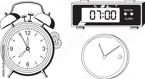 Clocks Set Line Art Illustration for Time Management and Scheduling Vector