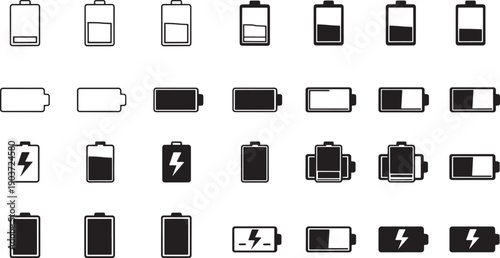 Battery charge level and charging status icons set vector illustration for UI design