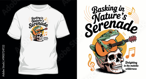 Frog playing guitar on skull with musical notes, nature serenade concept