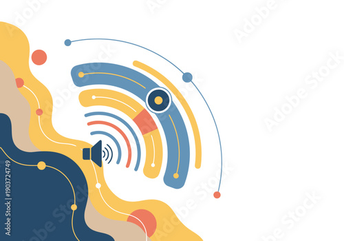 Modern graphic design celebrates radio with a vibrant, abstract illustration. Bold colors and dynamic lines create a visually appealing and memorable design.