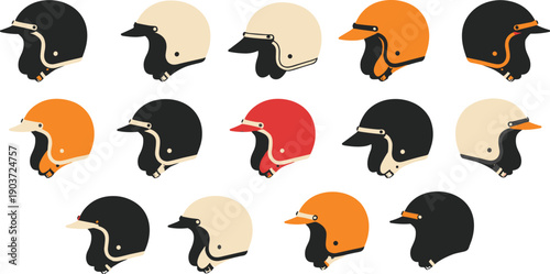 Open Face Motorcycle Helmet Side View Vector Set with Retro and Modern Protective Headgear Icons for Biker Safety and Branding Designs.