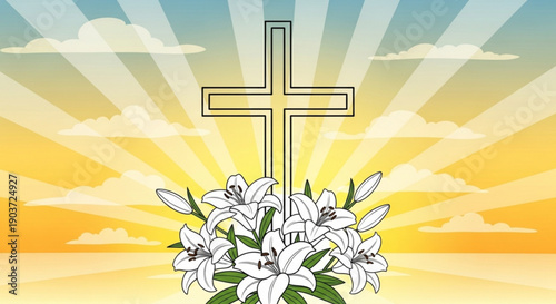 Christian cross with white lilies at sunrise or sunset with rays
