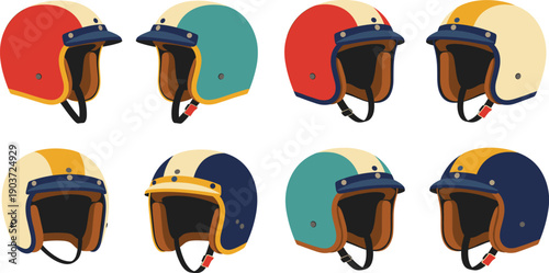Retro Open Face Motorcycle Helmet Vector Set with Colorful Vintage Protective Headgear Icons for Biker Safety, Racing, and Branding Designs.