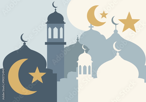 A vibrant Ramadan background featuring illuminated mosques, crescent moons, and stars. Ideal for festive designs and promotional materials. Modern, stylized, and visually appealing.