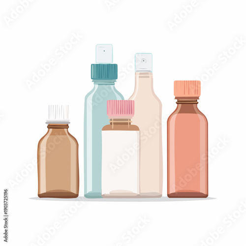 Vector illustration collection of empty packaging bottles, various shapes and caps, ideal for cosmetic, pharmaceutical, and beauty product mockups, branding