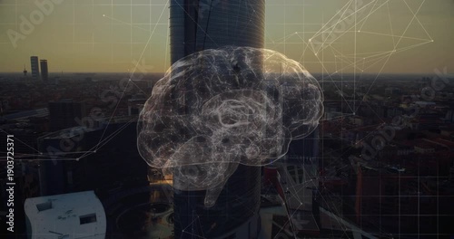 Sun activating hologram brain, wireframe rotating, tilting and pulsing revealing lobes over tower