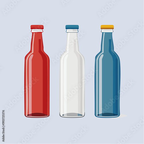 Three colorful glass bottles with caps for beverages or drinks, depicted in a vector illustration