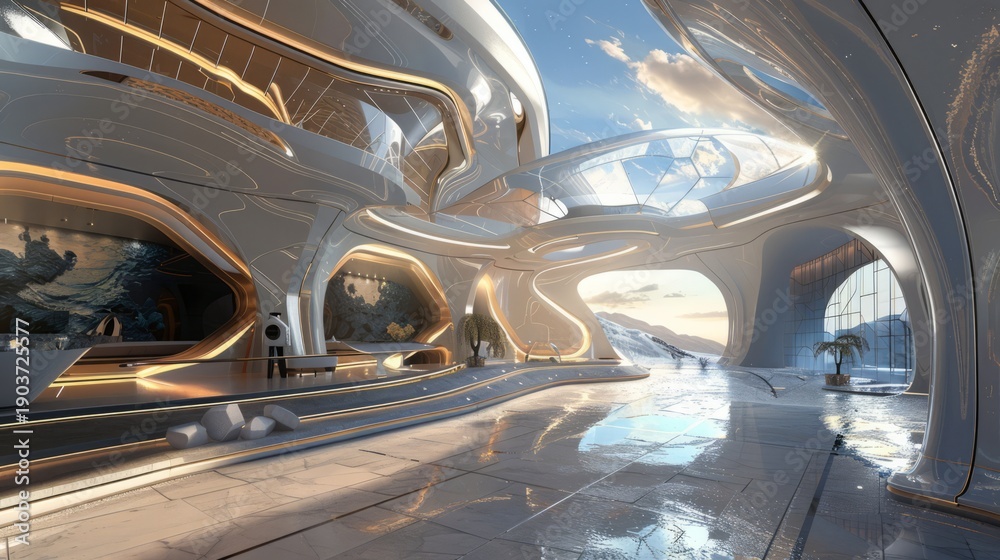 Fototapeta premium Futuristic interior design of a spacious, modern building featuring sleek lines, large windows, and reflective surfaces, creating an innovative and inviting atmosphere for visitors