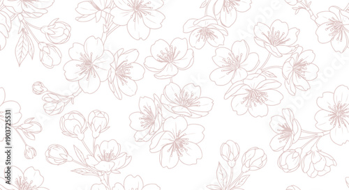 Seamless cherry blossom floral vector clipart pattern in pastel pink line art style