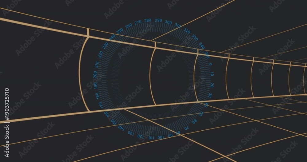 Fototapeta premium Displaying wireframe tunnel in virtual corridor, with golden grid lines and cyan protractor overlay