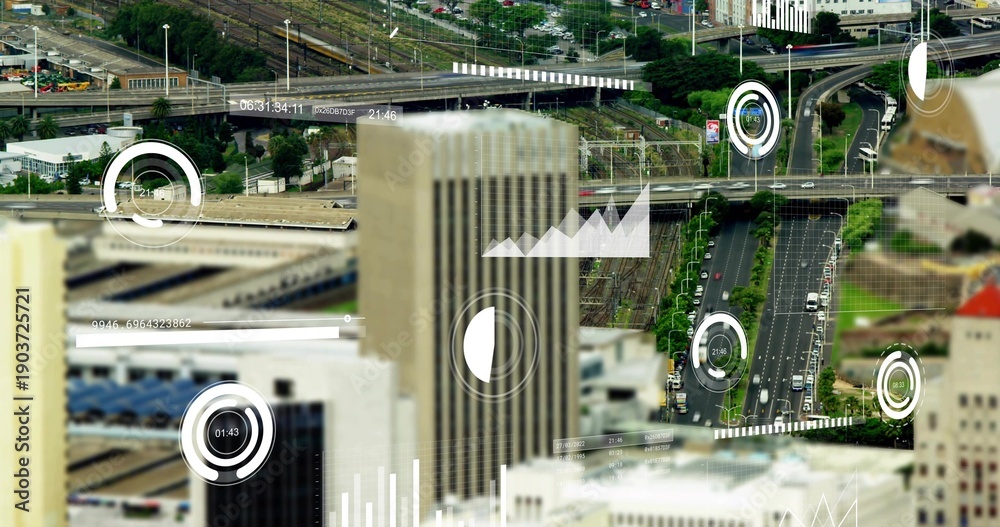 Fototapeta premium Rising tall beige office tower anchoring downtown, showing roads, ramps, rail tracks, vehicles, HUD