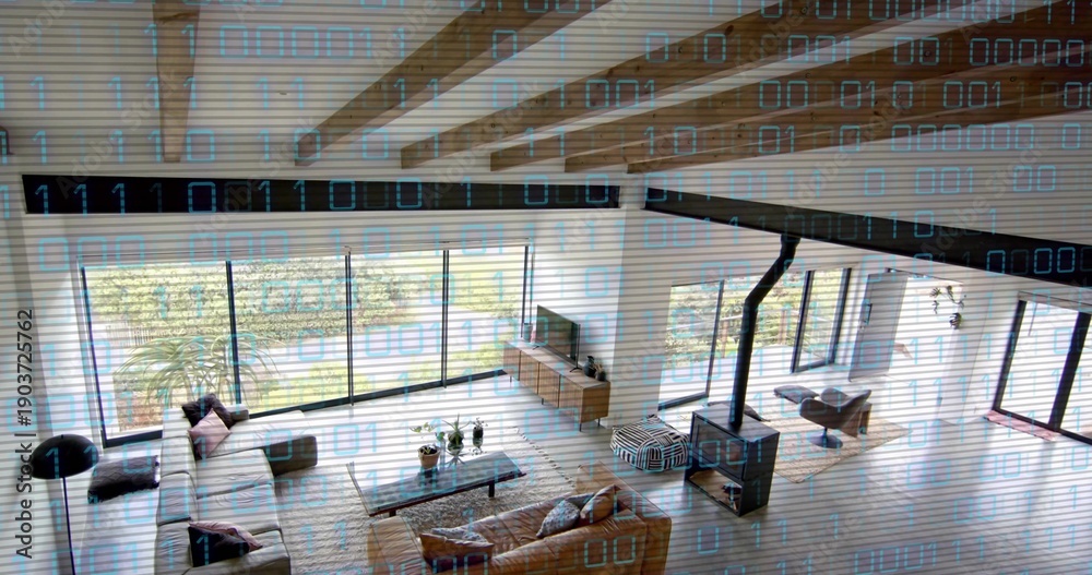 Fototapeta premium Showing living room with sectional and leather sofa, TV, wood stove, exposed beams, binary overlay