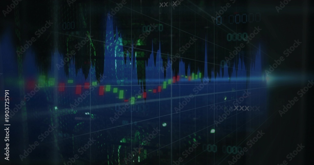 Naklejka premium Rendering 3D financial chart on virtual trading platform, with candlestick bars and light flare