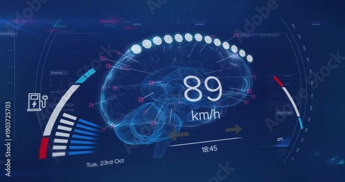 Quadro em tela Displaying 3D wireframe brain hologram on virtual HUD showing 89 km or h mapping
