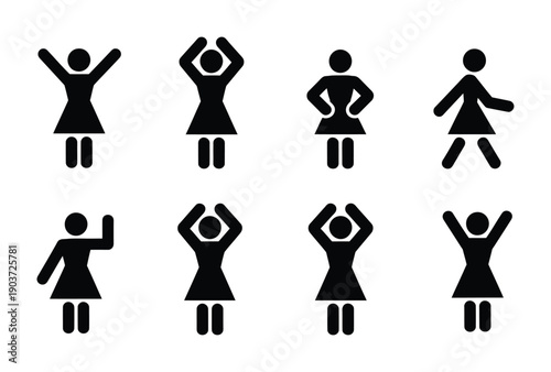 Black vector icons showing a woman performing various exercise movements