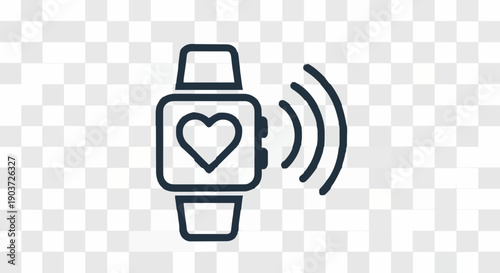 Digital health monitoring wearable device icon, illustrating a smartwatch with a heart symbol and active wireless communication waves for personal well-being and data synchronization