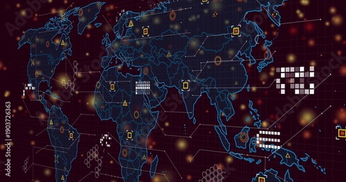 Fotografi Displaying neon global map in virtual dashboard, showing connector lines, nodes,