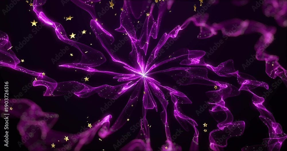 Fototapeta premium Radiating central magenta light core emitting mesh ribbon streams in black backdrop with gold stars