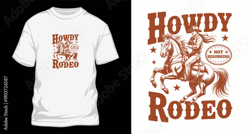 Howdy rodeo t-shirt design concept, vintage illustration with cowgirl riding horse