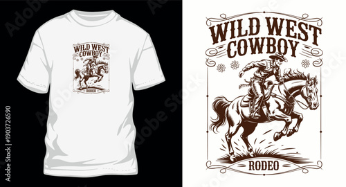 Wild west cowboy rodeo t-shirt design concept, vintage illustration with riding cowboy and horse