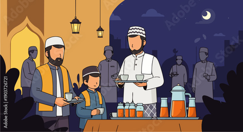 Flat vector illustration depicting a group of Muslims preparing iftar meals. Daily activities during Ramadan about Muslim activities.