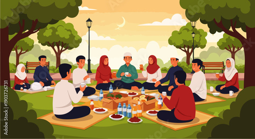 Vector illustration of people waiting for iftar in a park during Ramadan, or people celebrating iftar outdoors. Concept of Muslims during Ramadan.