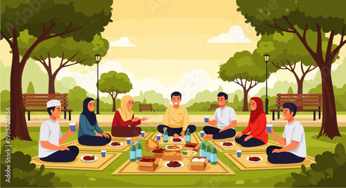 Vector illustration of people waiting for iftar in a park during Ramadan, or people celebrating iftar outdoors. Concept of Muslims during Ramadan.