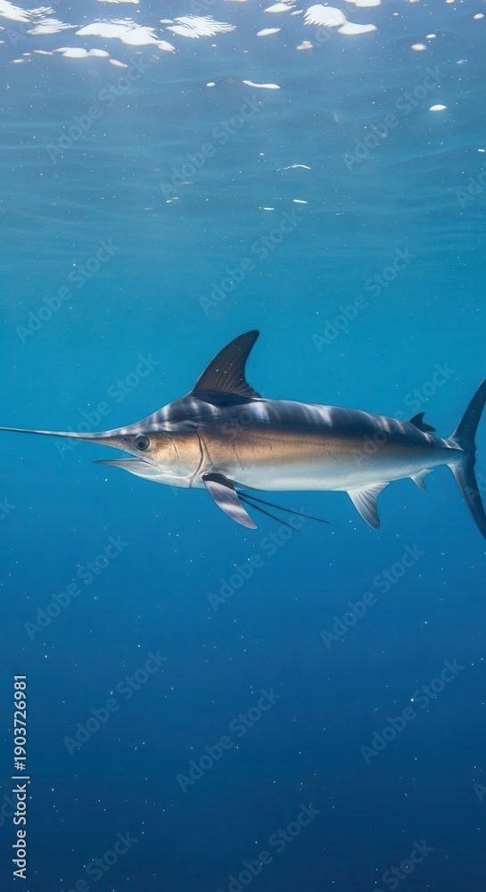 Fototapeta premium Large billfish swims just beneath the bright surface of deep blue ocean water