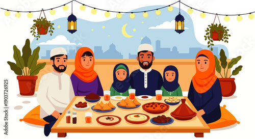 Flat vector illustration of Muslim family members gathered around the dining table enjoying traditional food together on the terrace, eating iftar or breaking the fast outdoors