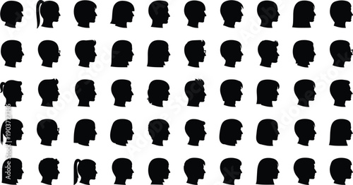Head profile silhouette icon set, forty-nine diverse figures with varied hairstyles and head shapes, black vector illustration, identity and diversity theme, isolated background