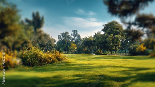 Green Meadow and Blue Sky: A beautiful panoramic view of a wide-open green meadow under a bright blue sky, the vibrant greens and blues creating a sense of tranquility and peace.