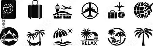 Travel and vacation solid icon set, summer beach trip and global tourism symbol, airplane passport luggage and palm tree vector illustration with editable stroke.