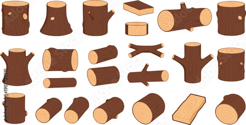 Wood Log and Tree Trunk Vector Set with Cut Timber, Branch Pieces, Stumps, and Forest Lumber Elements for Games and Nature Designs.