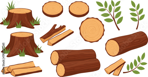 Wood Log and Tree Stump Vector Set with Cut Timber, Planks, Branches, Leaves, and Natural Forest Elements for Games and Nature Designs
