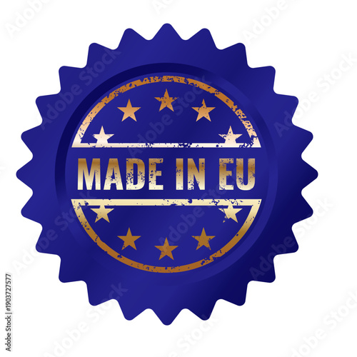 Made in eu blue badge, premium quality vintage seal with gold stars, vector illustration