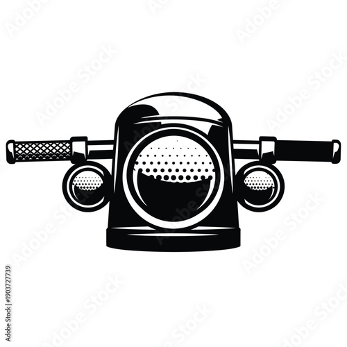 Stylized black and white illustration of a motorcycle headlight and handlebars