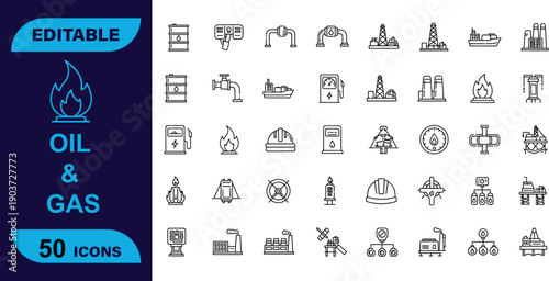 Set of 50 Oil, Gas, and Petroleum Industry Outline Icons Illustrating Energy Extraction, Storage, and Transportation for Industrial Infographics